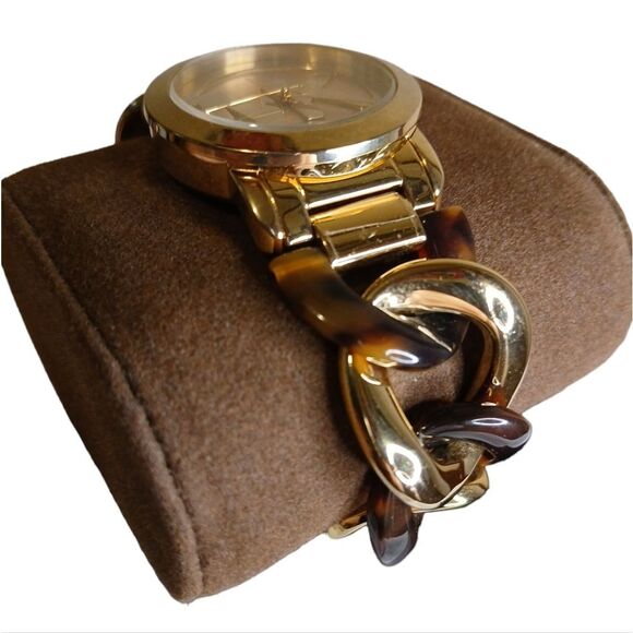 Micheal Kors Stainless Steel Caseback #4296 TORTOISE‎ CHAIN LINK WATCH USED - Picture 2 of 7